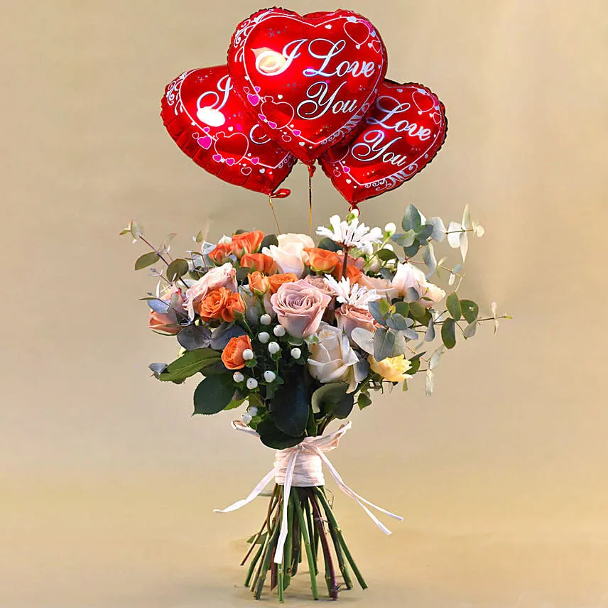 Flamboyant Mixed Flowers Bunch with I Love You Balloon Set