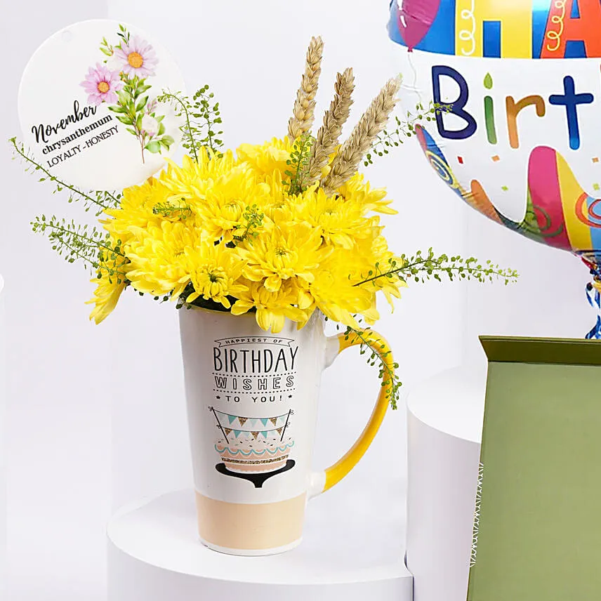 Yellow Chrysanthemum Flower Birthday Mug With Chocolate N Balloon