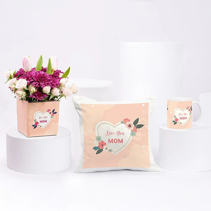 Love You Mom Flowers Cushion & Mug