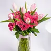 Charming Bouquet of Pink Tulips & Baby Roses in Elegant Glass Vase