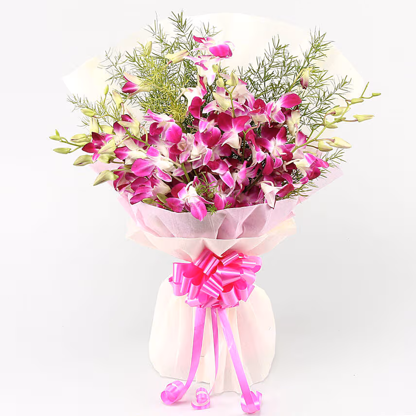 Ten Purple Orchids Bouquet With Balloons