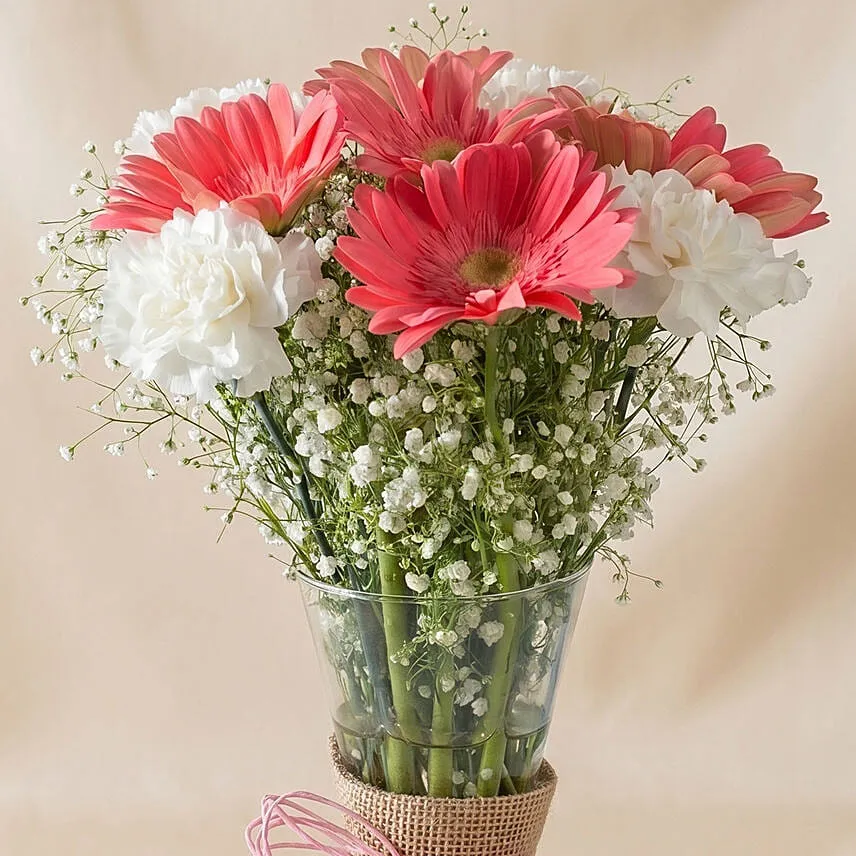 Gerberas White Carnations In Glass Vase