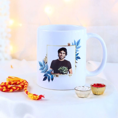Customizable Picture Perfect Ceramic Mug with Sacred Mauli Thread and Roli-Chawal