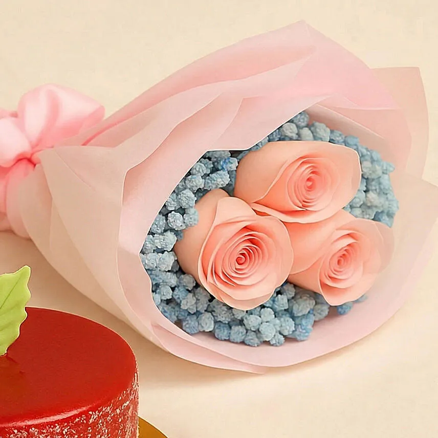 Lovely Pink Rose Baby Breath Bouquet With Mini Mousse Cake