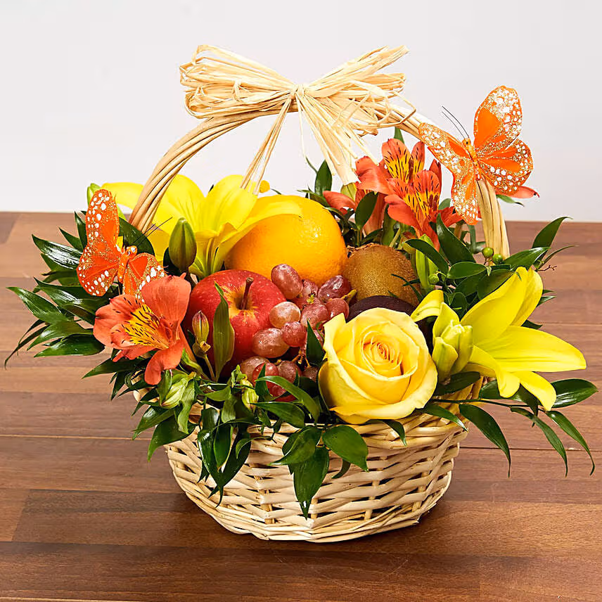 Fresh Flowers & Fruits Basket With Yellow Roses