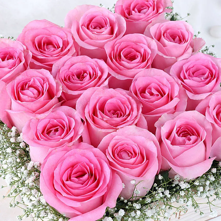 16 Pink Roses Presentation on Wooden Base