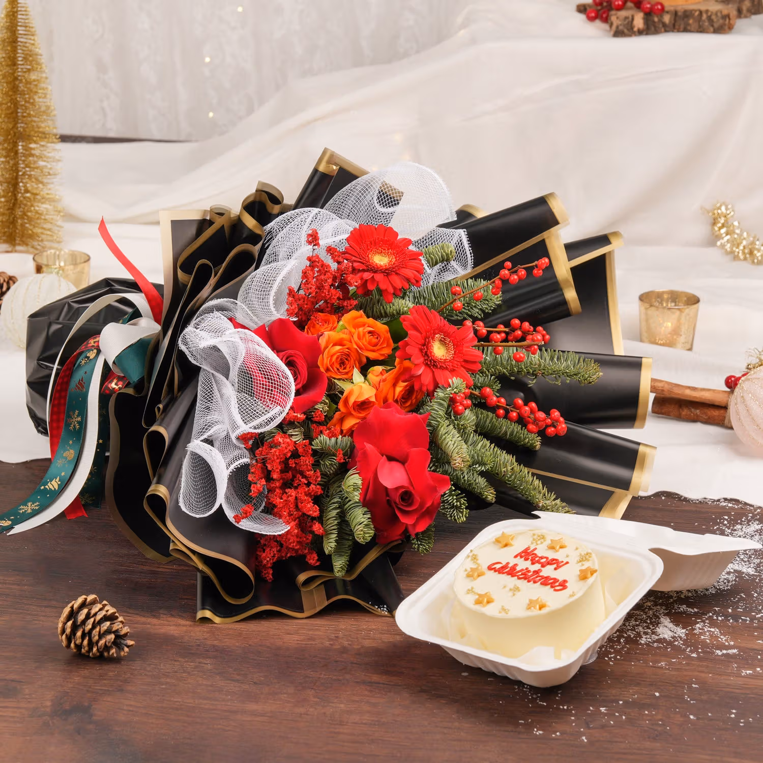 Festive Holiday Bouquet and Chocolate Bento Cake Combo