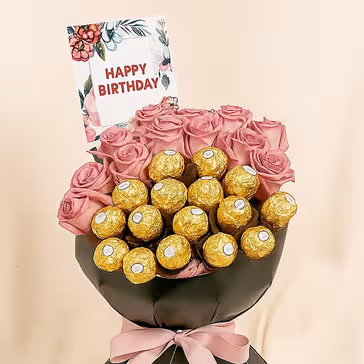 Purple Roses & Chocolate Birthday Bouquet