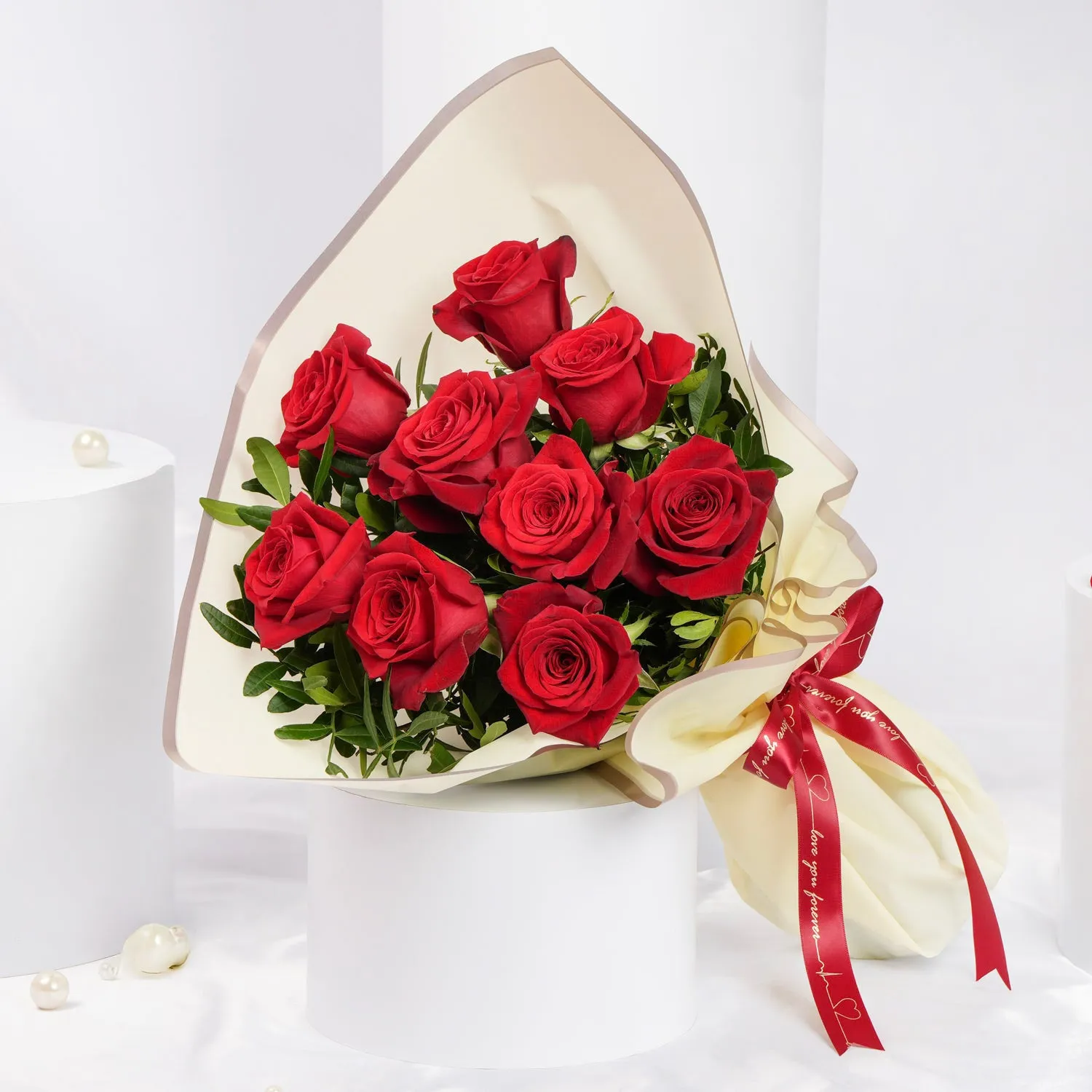 Lovers Bloom: Elegant 9 Red Rose Bouquet with Pistacia Leaves