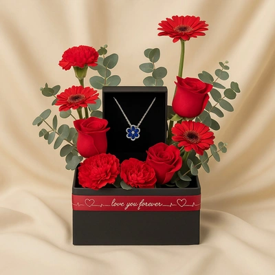 Elegant Blue Bloom Silver Necklace with Romantic Red Flower Arrangement