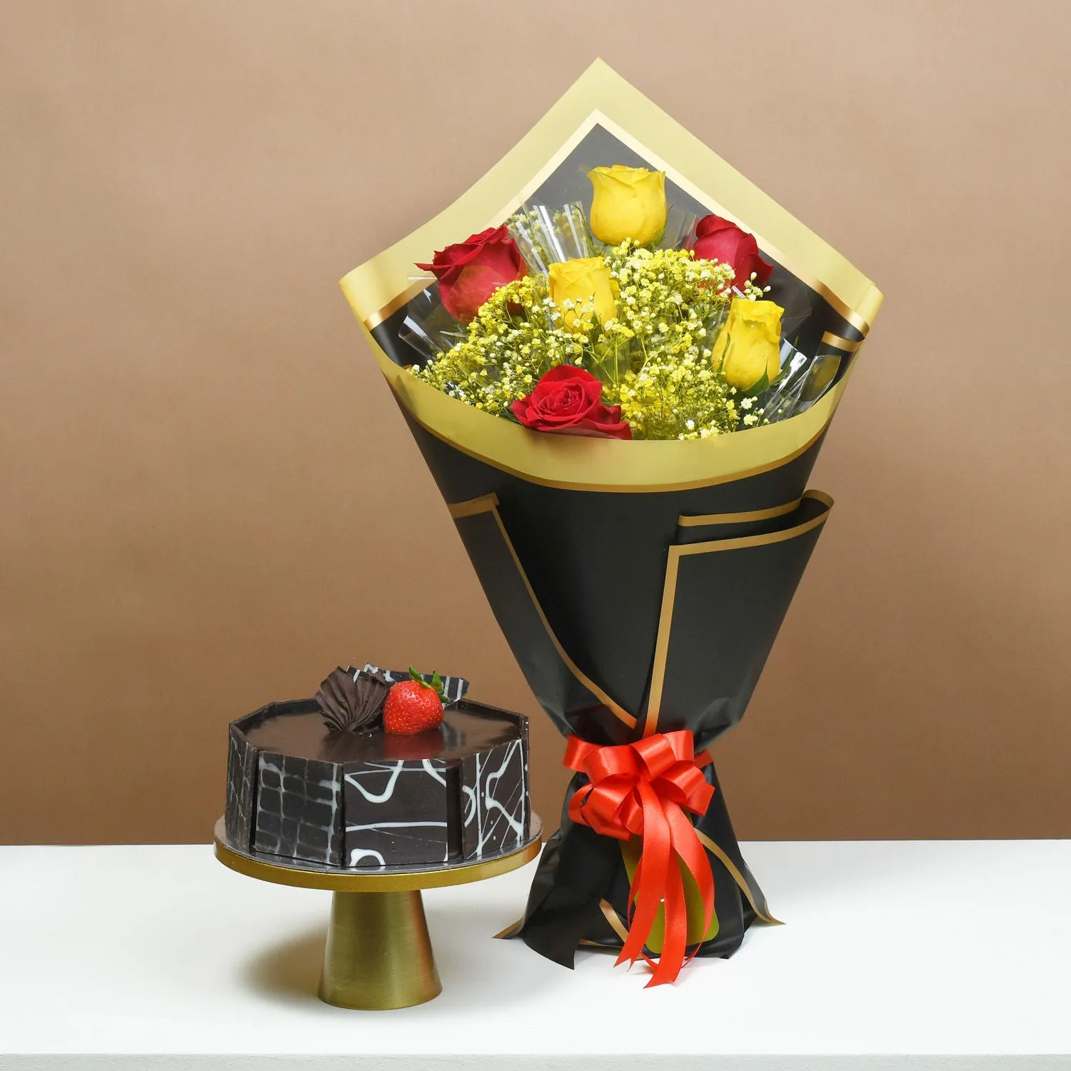 Elegant Sunshine Bouquet with Decadent Chocolate Cake