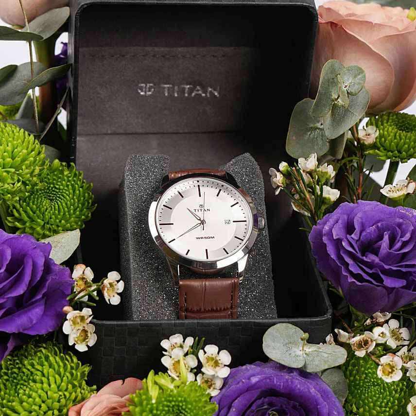 Gift of Titan Watch and Flowers For Him