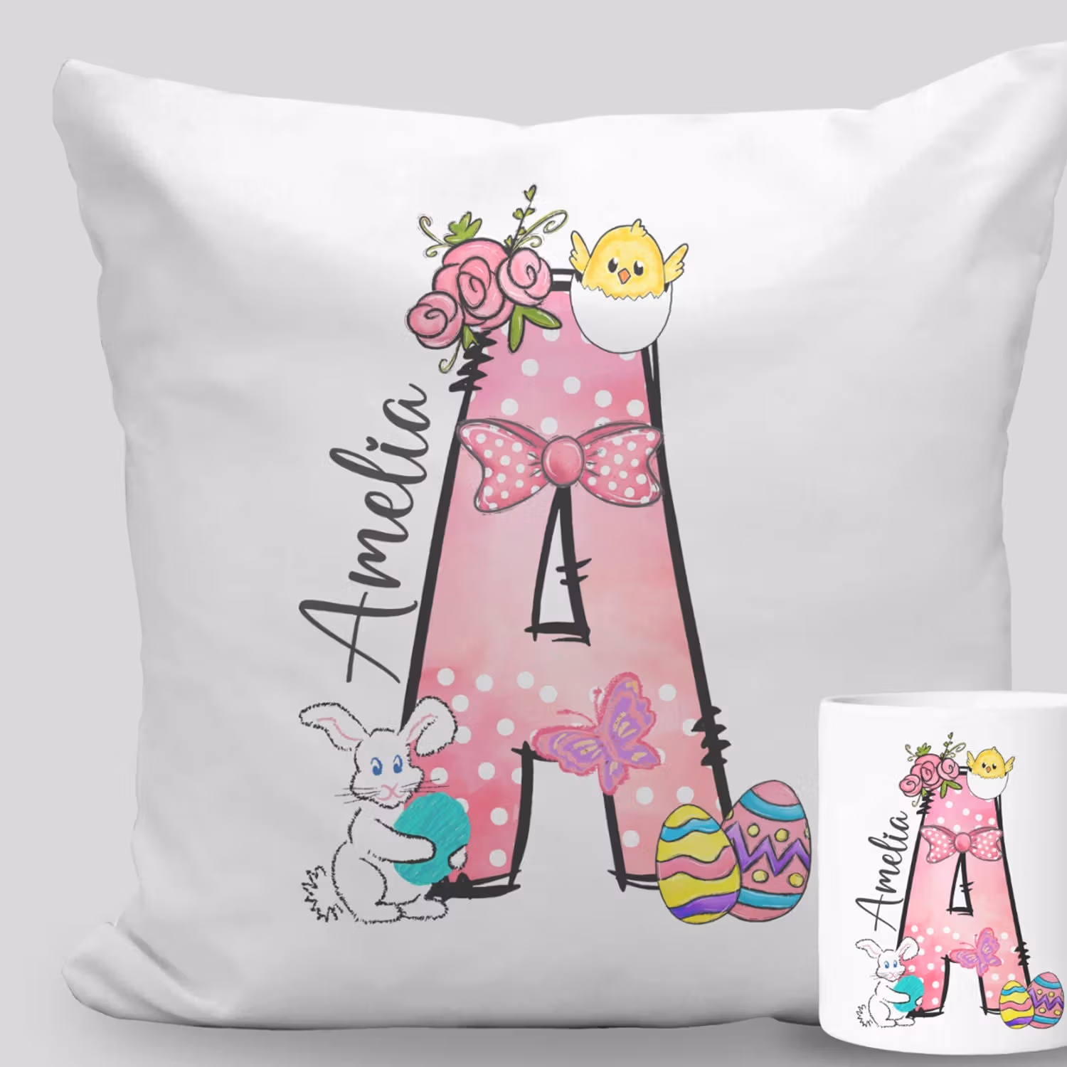 Personalized Easter Name Initial Mug and Cushion Set