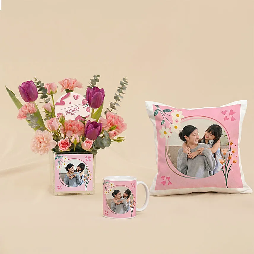 Personalised Flowers Vases with Cushion & Mug for Mom
