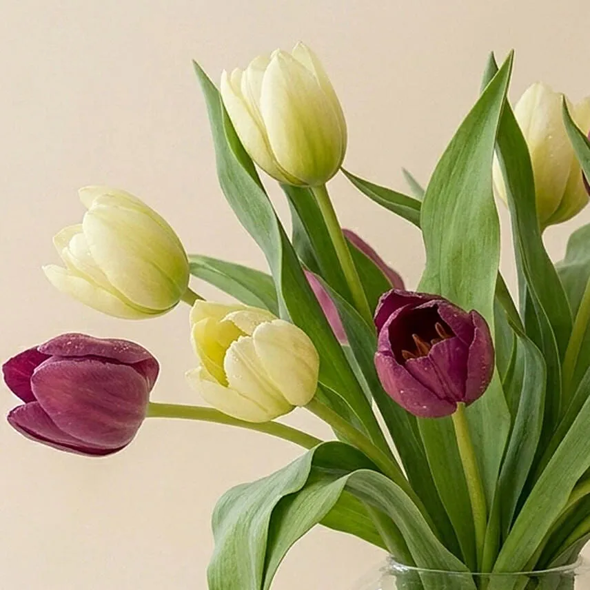 Beautiful Mixed Tulips Glass Vase