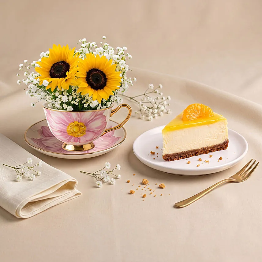 Sunflower Teacup & Mango Cheesecake Slice