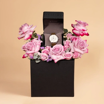 Titan White Dial Quartz Multifunction Watch with Leather Strap for Men, Accompanied by Elegant Purple Roses