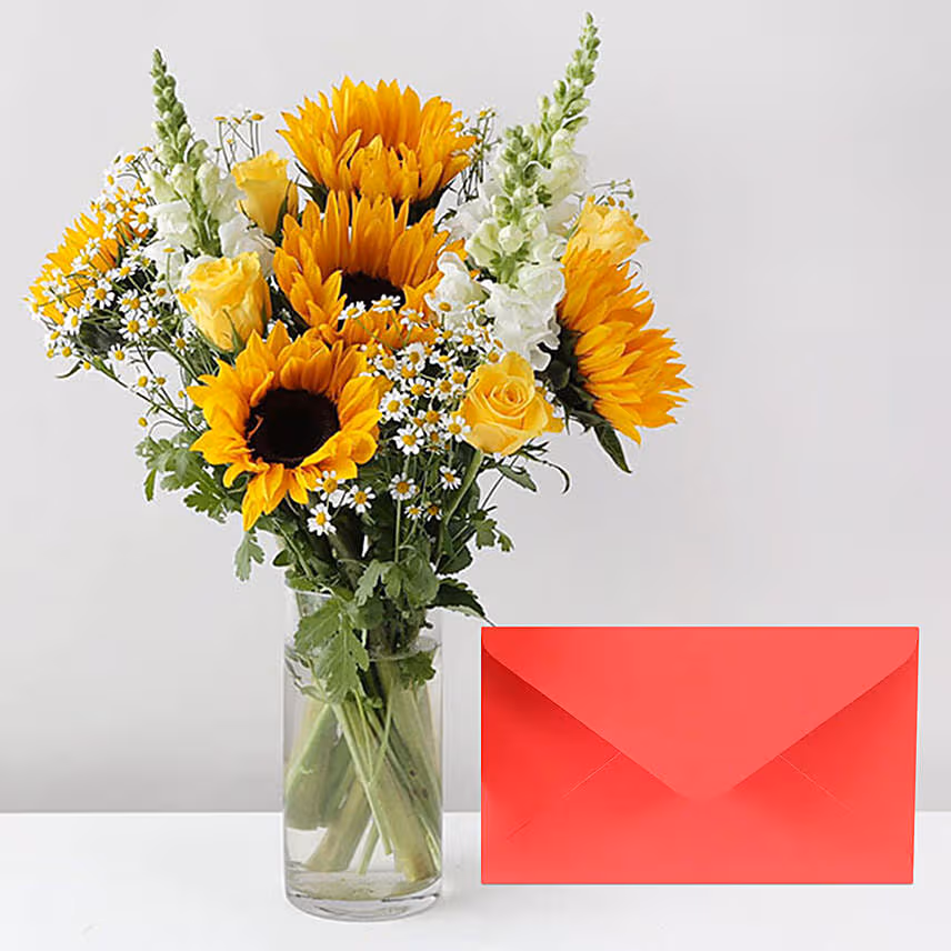 Alluring Mixed Flowers Glass Vase With Card
