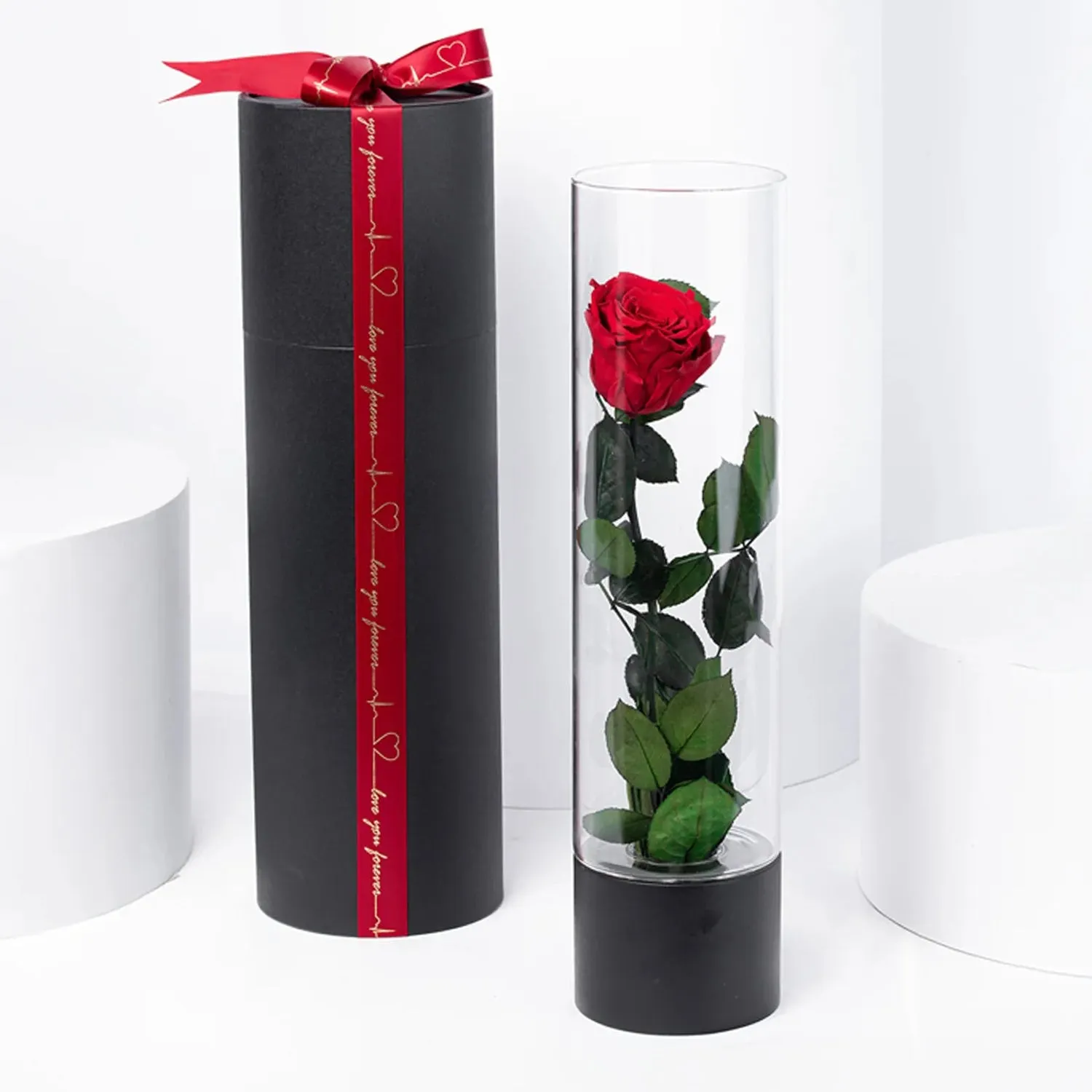 Exquisite Luxury Red Forever Rose in an Elegant Glass Vase