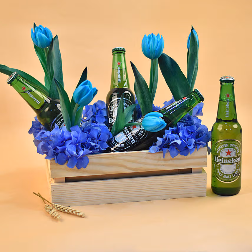 Mixed Flowers & Beer Wooden Crate