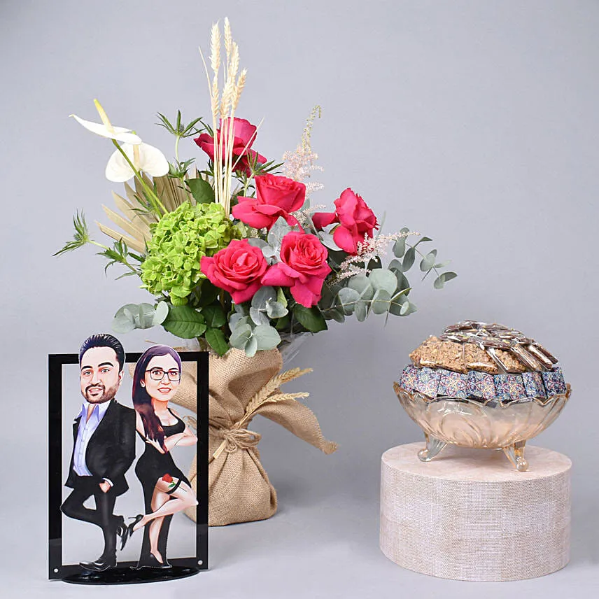 Carricature Fun Frame Flowers and Chocolates