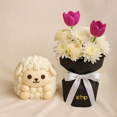 Cute Sheep Cake n Flower Bouquet