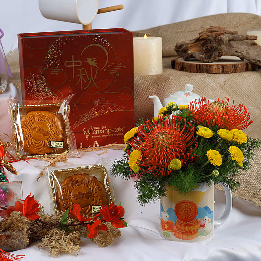 Mid Autumn Flowers in Mug with Moon Cake