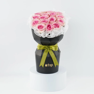 Elegant Pink Rose Bouquet in Black Box with Green Ribbon