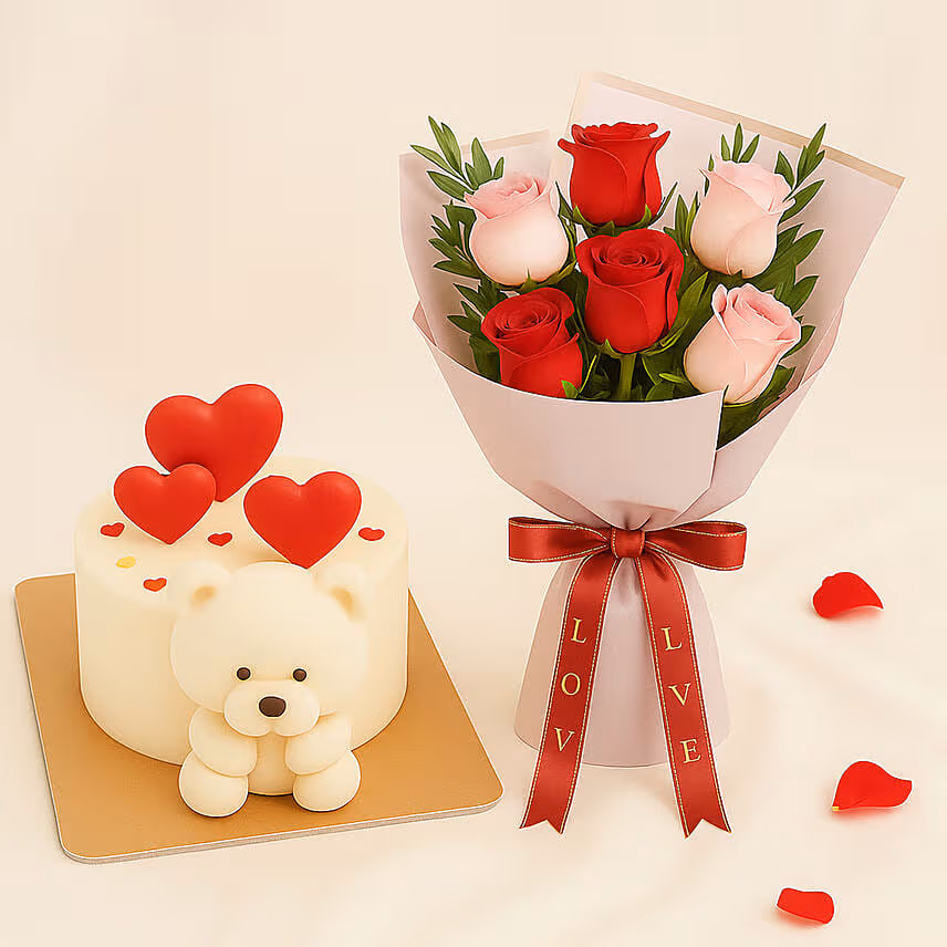 Adorable Teddy Bear Cake and Flowers Bundle