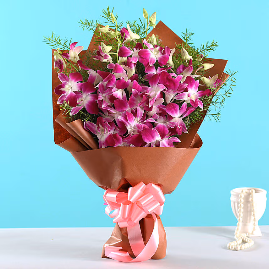 Six Exotic Purple Orchids Bouquet