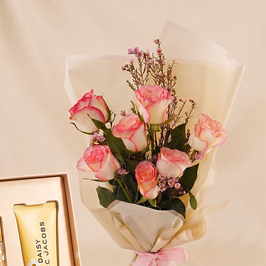 Mother Day Pink Roses Bouquet with Perfume set