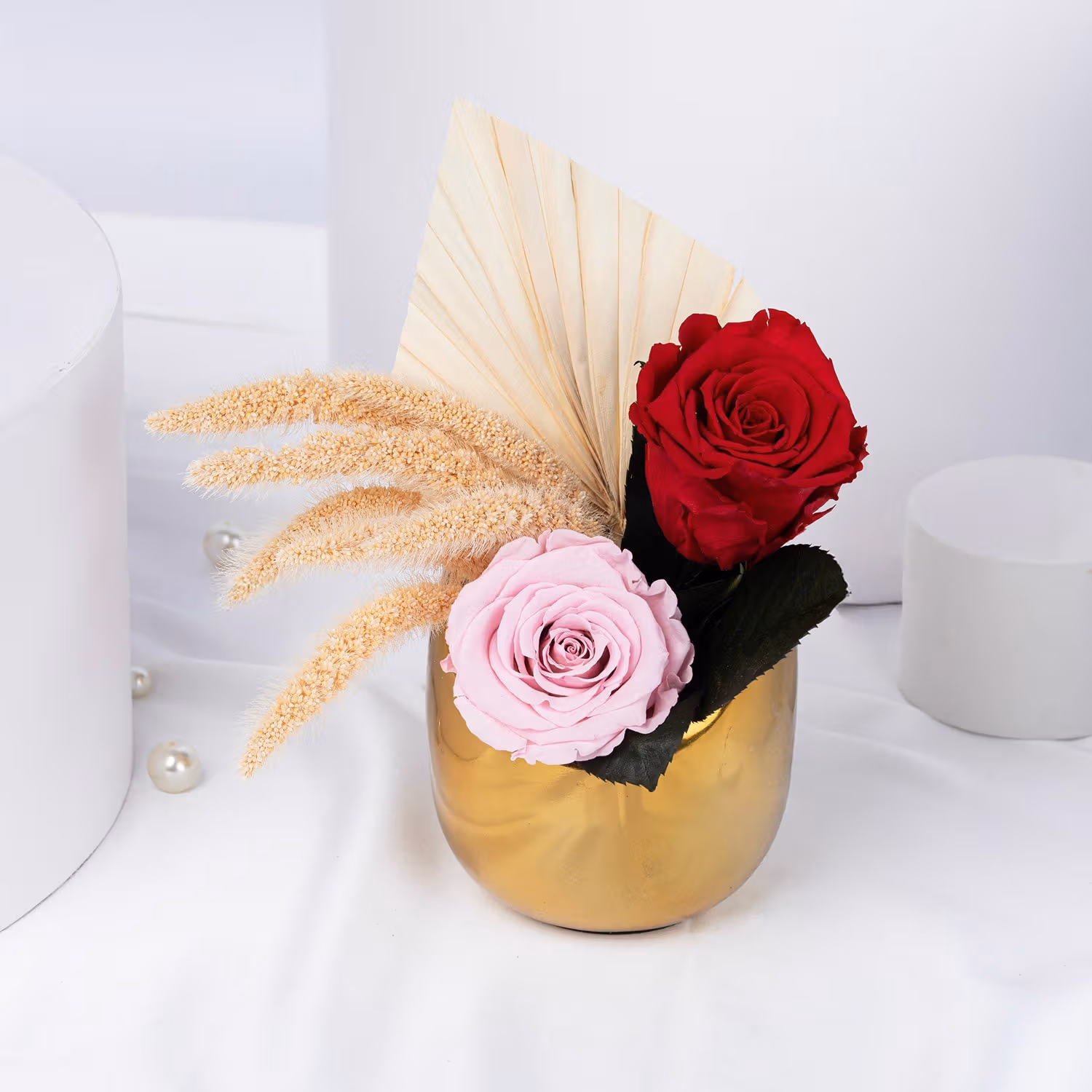 Golden Charm Preserved Rose Duo in Elegant Vase