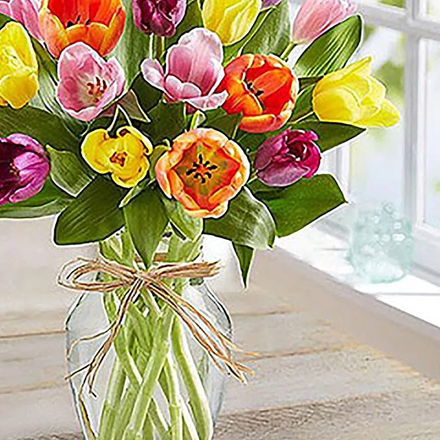 20 Mixed Tulips In Glass Vase With Chocolate Cake