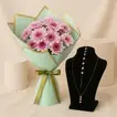 Elegant Blush Hearts Necklace and Purple Chrysanthemum Bouquet Set