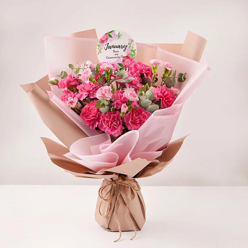 Birthday Wish Carnations Bouquet And Cake
