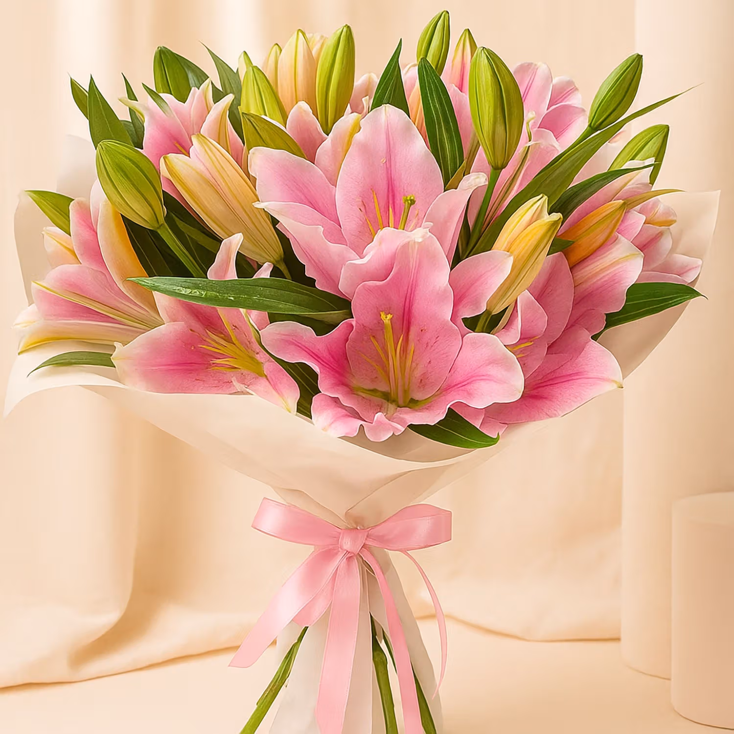Pink Lily Bouquet In White Wrapping