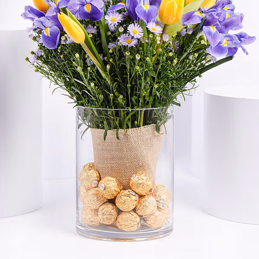 Feb Birthday Flower Iris & Tulips with Rocher