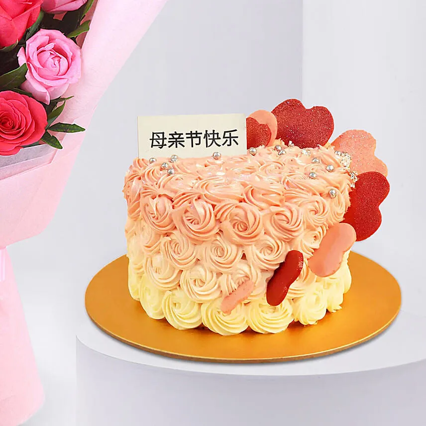 Mothers Love Roses Hand Bouquet with Cake