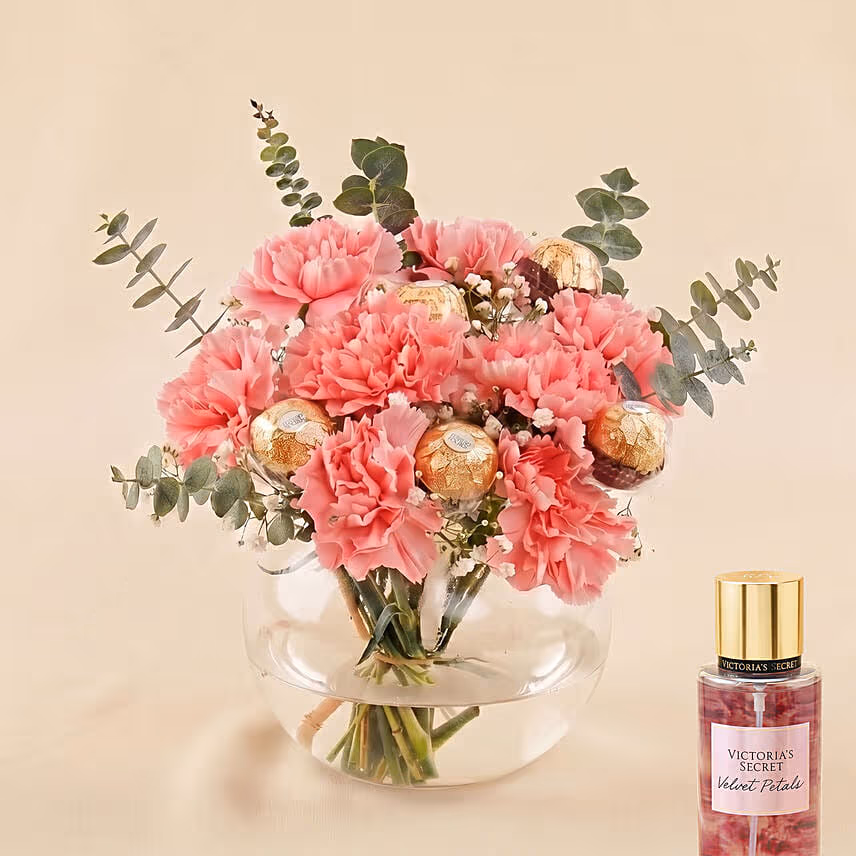 Pink Carnation chocolate Vase Arrangement with Perfume
