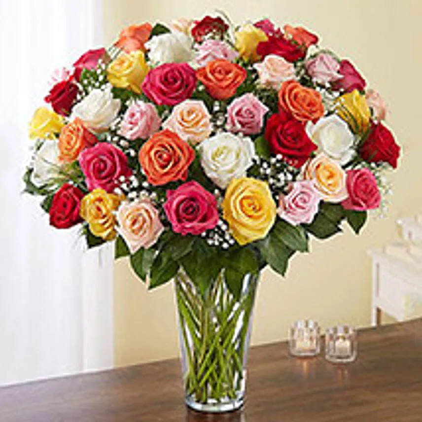 50 Assorted Roses In Glass Vase Add