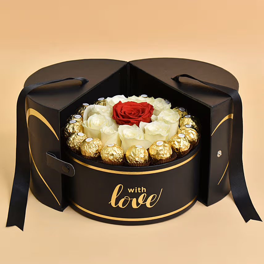 Roses with Chocolate In Black Love Box