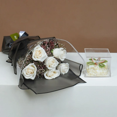 Elegant White Roses Bouquet with Delicate Fruit Cake