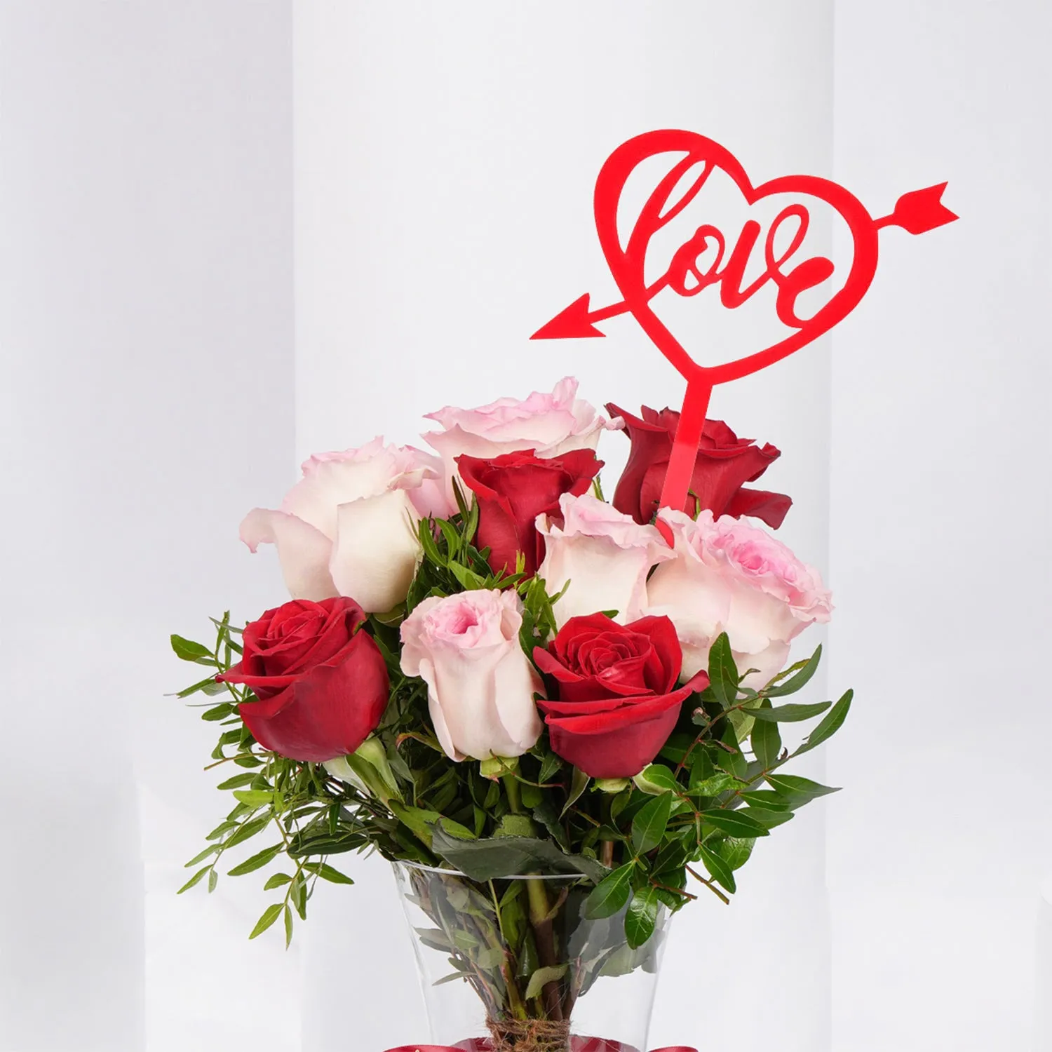Romantic Valentine Rosy Reflections Bouquet with Red Love Topper