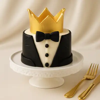 Elegant Best Man Tuxedo Cake with Golden Crown