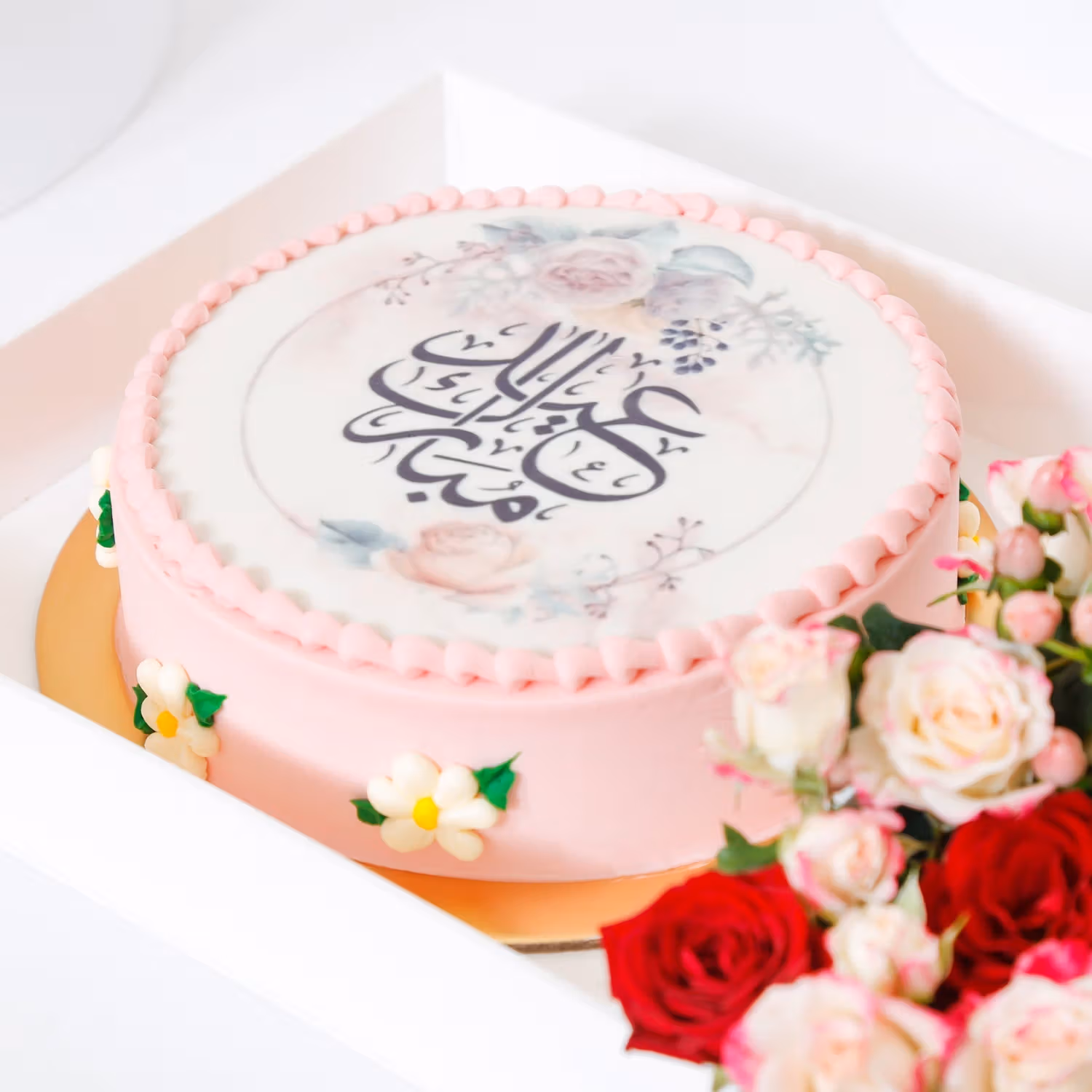 Elegant Pink Eid Mubarak Cake with Floral Arrangement in Acrylic Box
