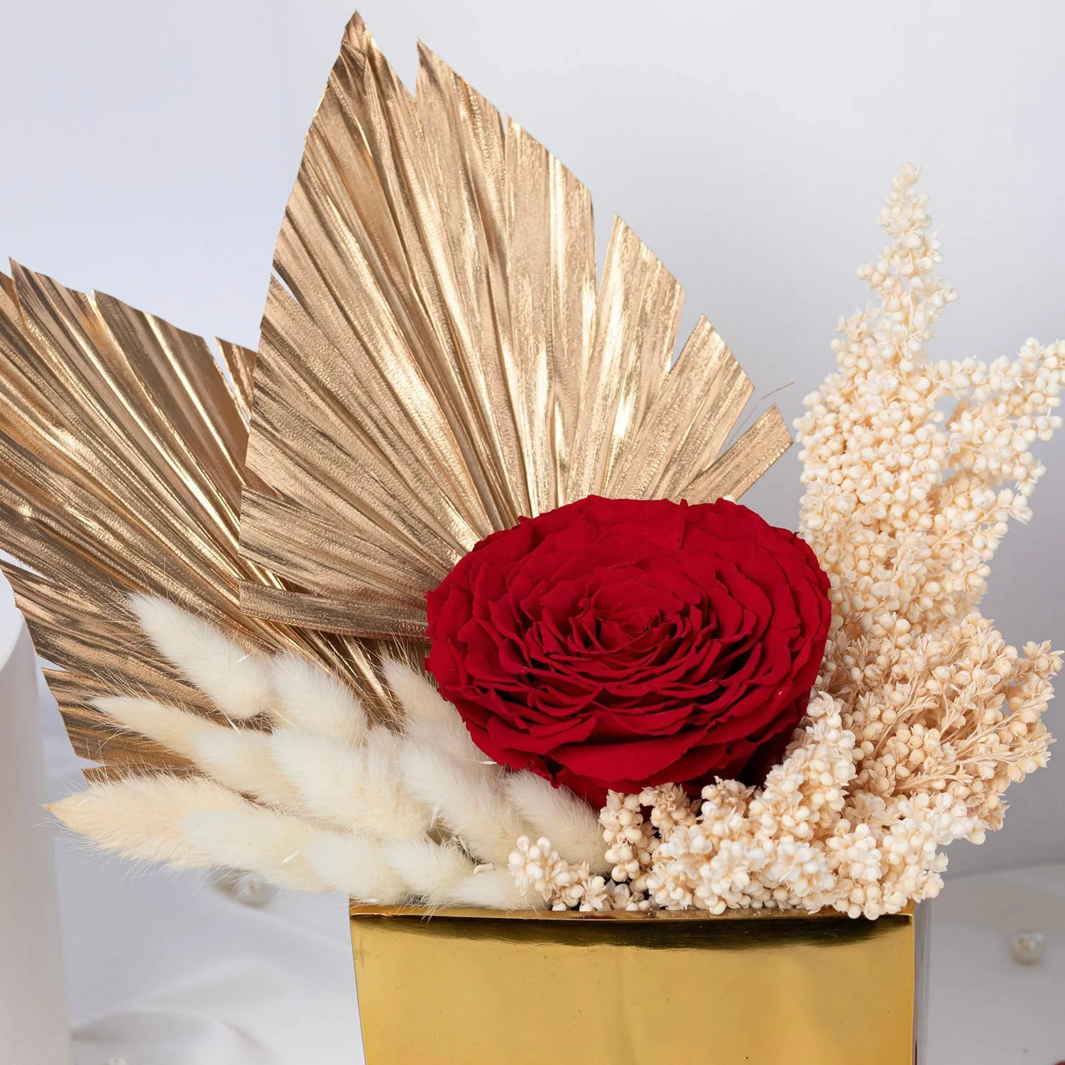 Luxurious Regal Red Forever Rose in Golden Vase