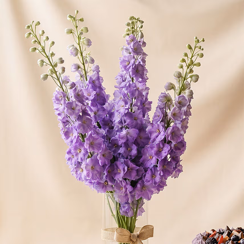 Delicious Chocolate Berry Cream Cake and Delphinium Vase