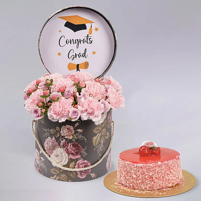Lovely Pink Carnations Flowers For Graduation Day with Cake
