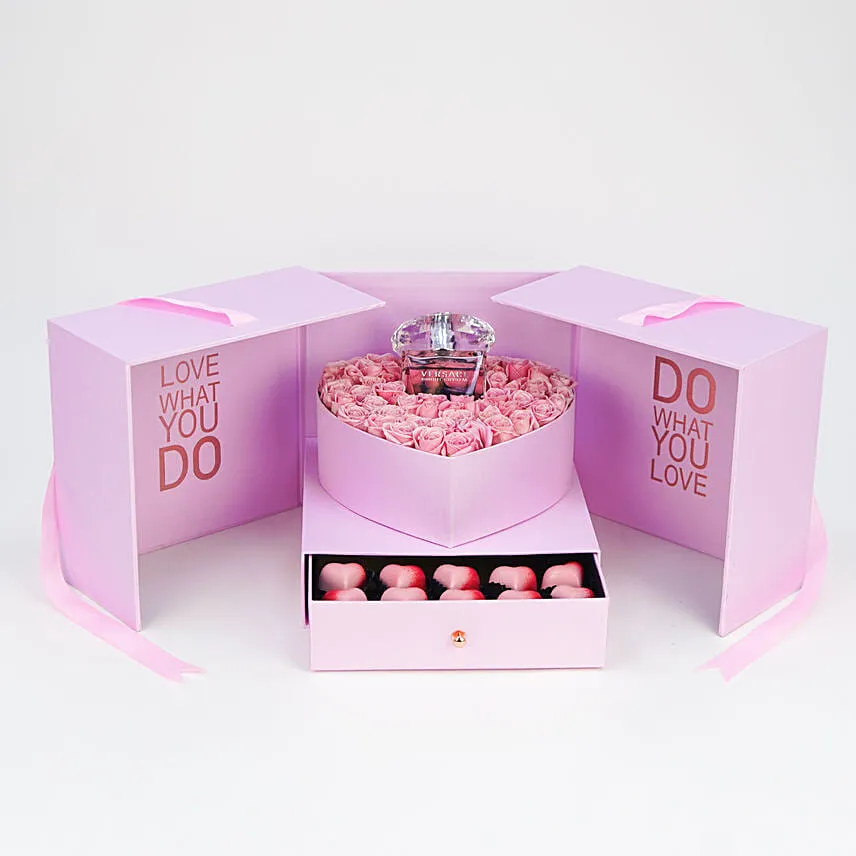Roses With Perfume In Box Of Love With Mini Mousse Cake