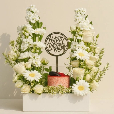 Elegant Birthday Flower Arrangement with Red Velvet Mono Cake